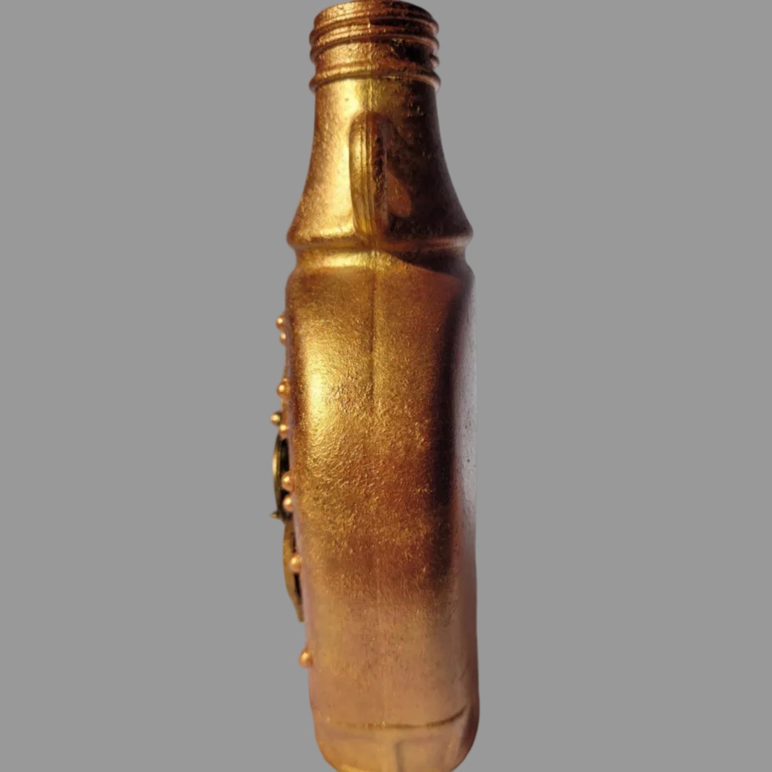 small upcycled bottle, bud vase, hand decorated bronze, mocking jay charm, hearts