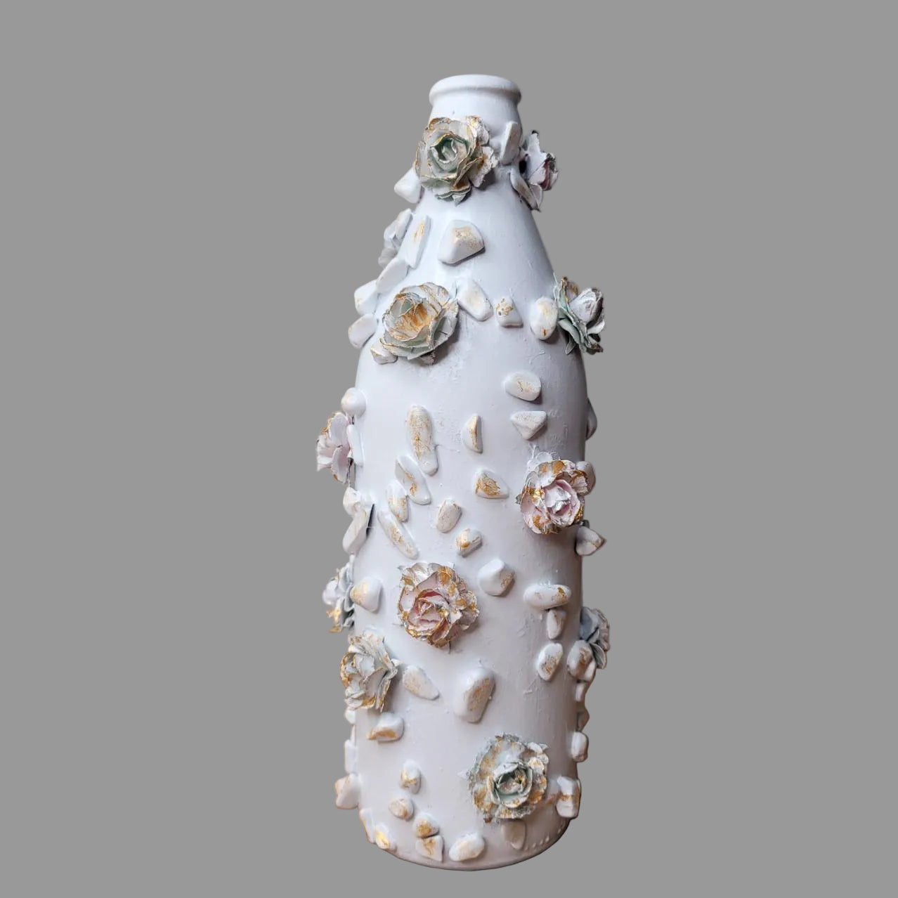 Hand decorated, upcycled, small bottle floral, white, gold