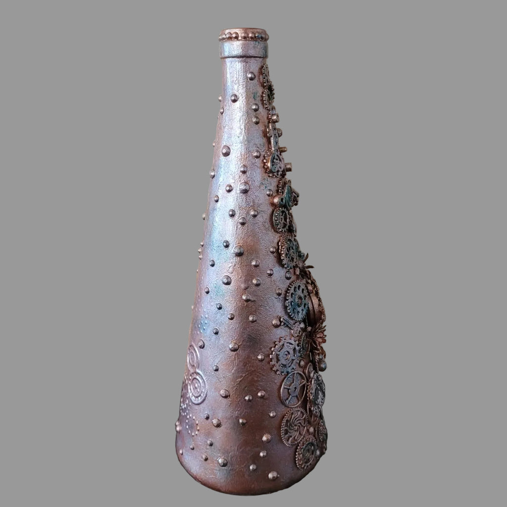 Steampunk inspired abstract upcycled bottle, bronze