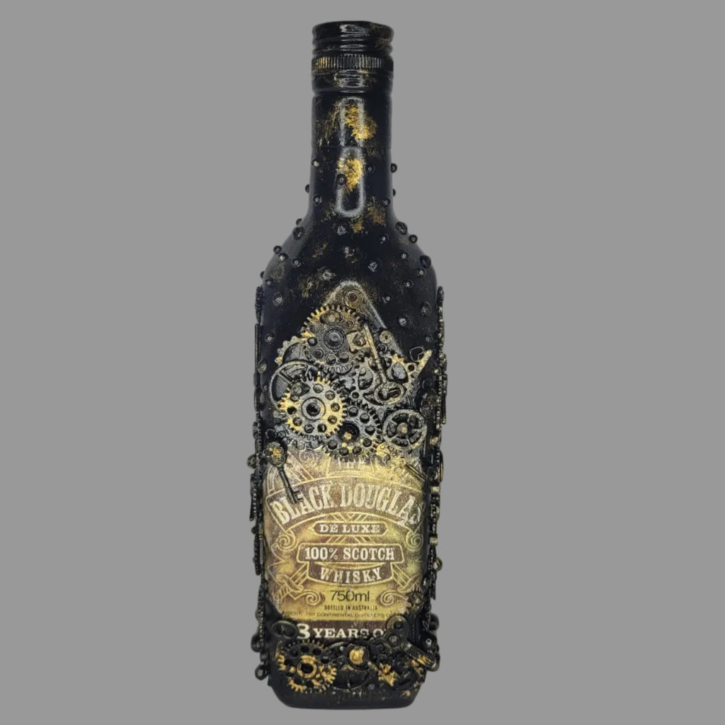 Steampunk goth abstract upcycled Black Douglas bottle black gold