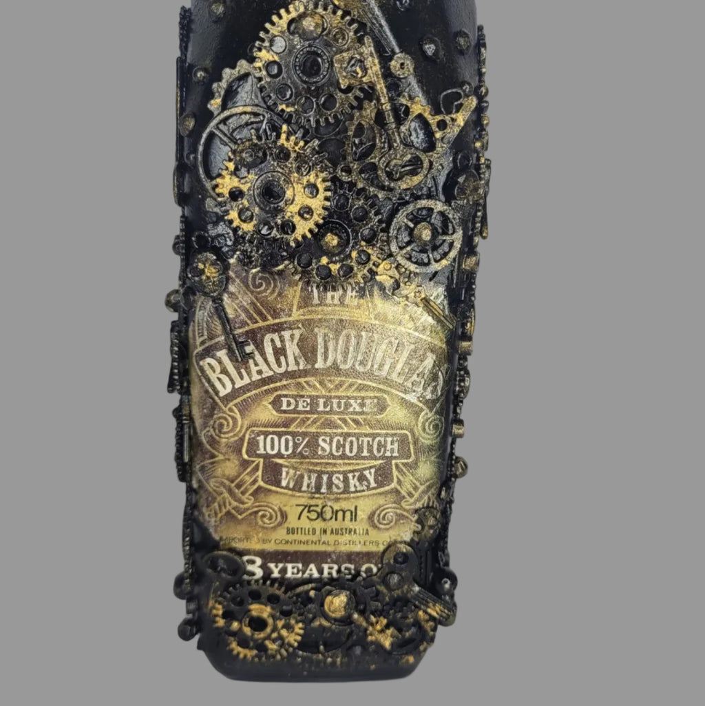 Steampunk goth abstract upcycled Black Douglas bottle black gold