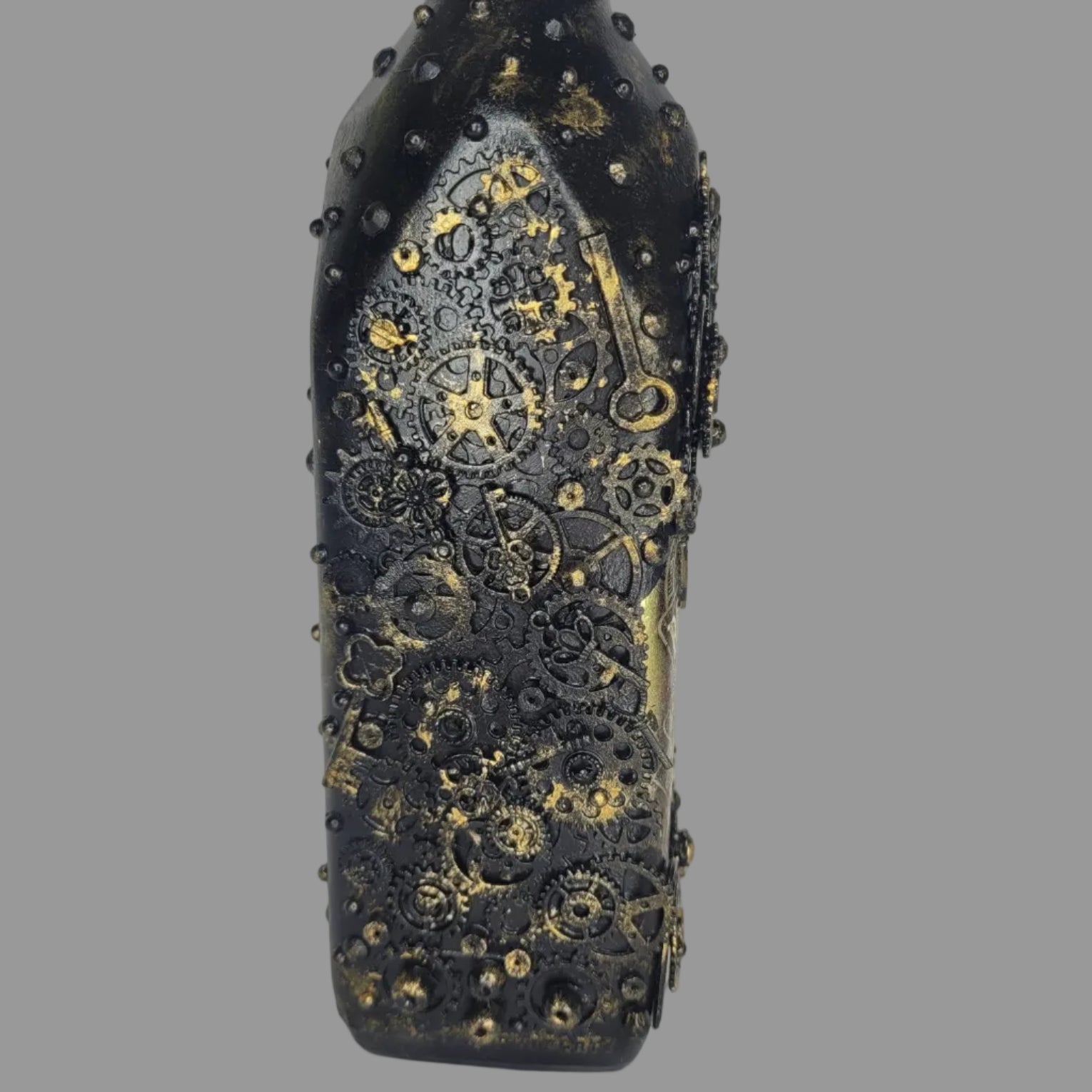 Steampunk goth abstract upcycled Black Douglas bottle black gold
