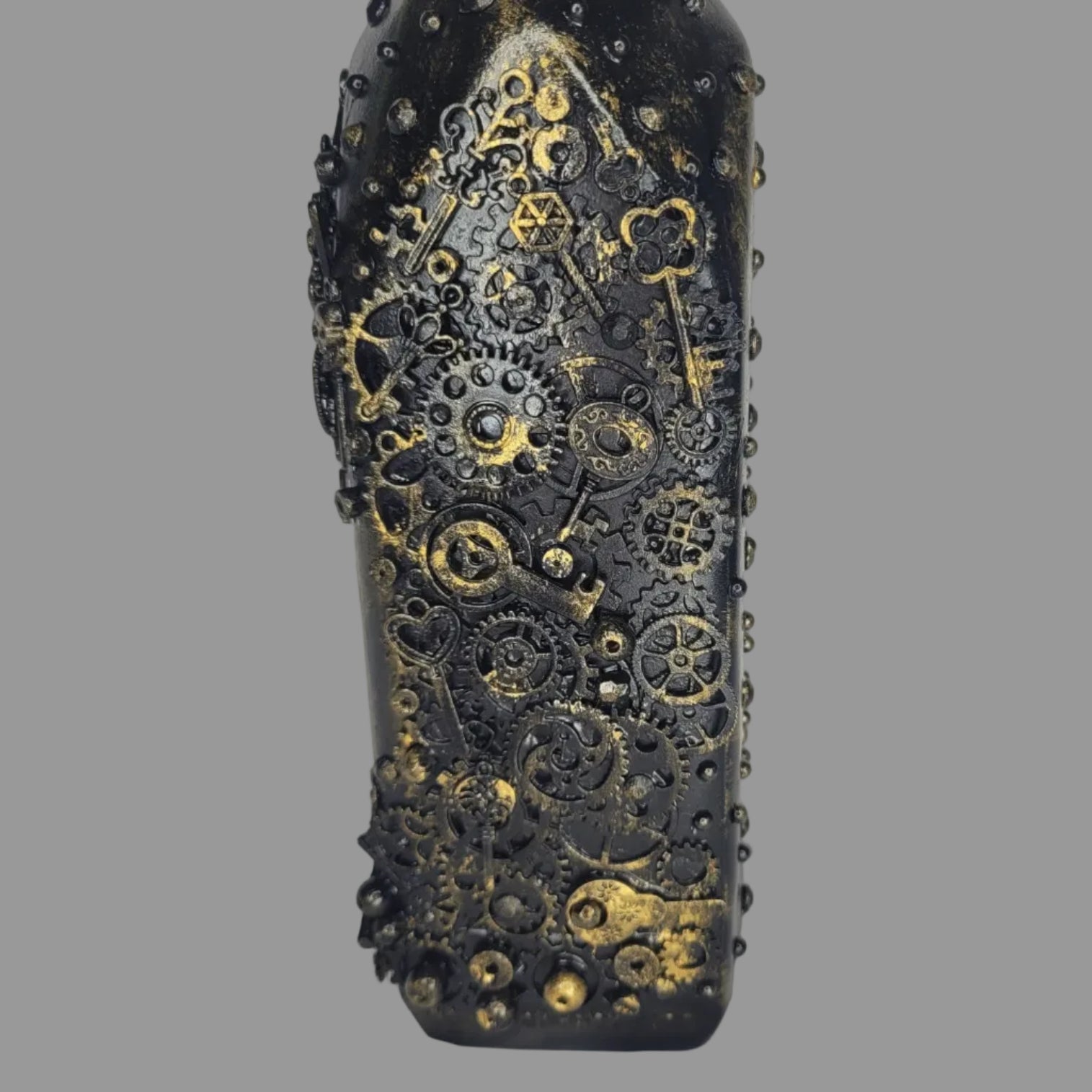 Steampunk goth abstract upcycled Black Douglas bottle black gold