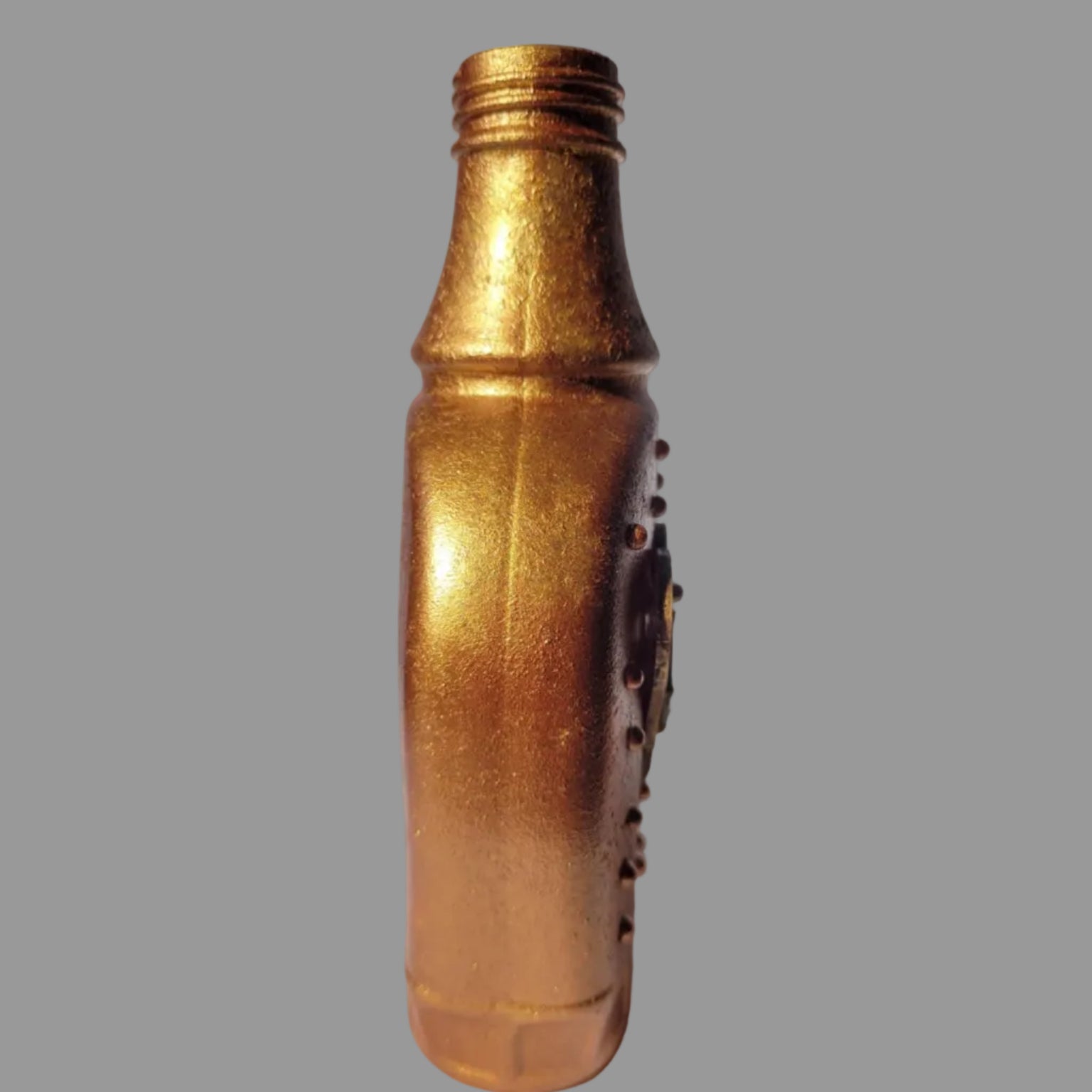 small upcycled bottle, bud vase, hand decorated bronze, mocking jay charm, hearts