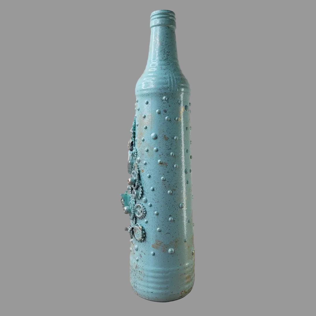 Hand Decorated steampunk bottle, light blue, upcycled watch face