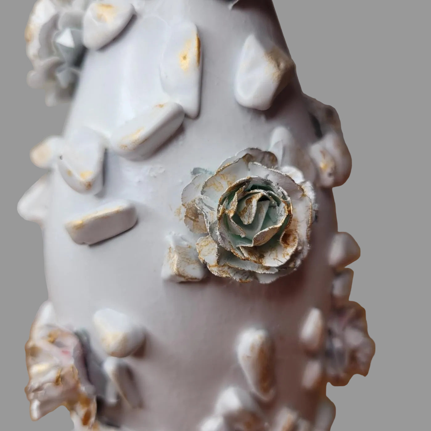 Hand decorated, upcycled, small bottle floral, white, gold