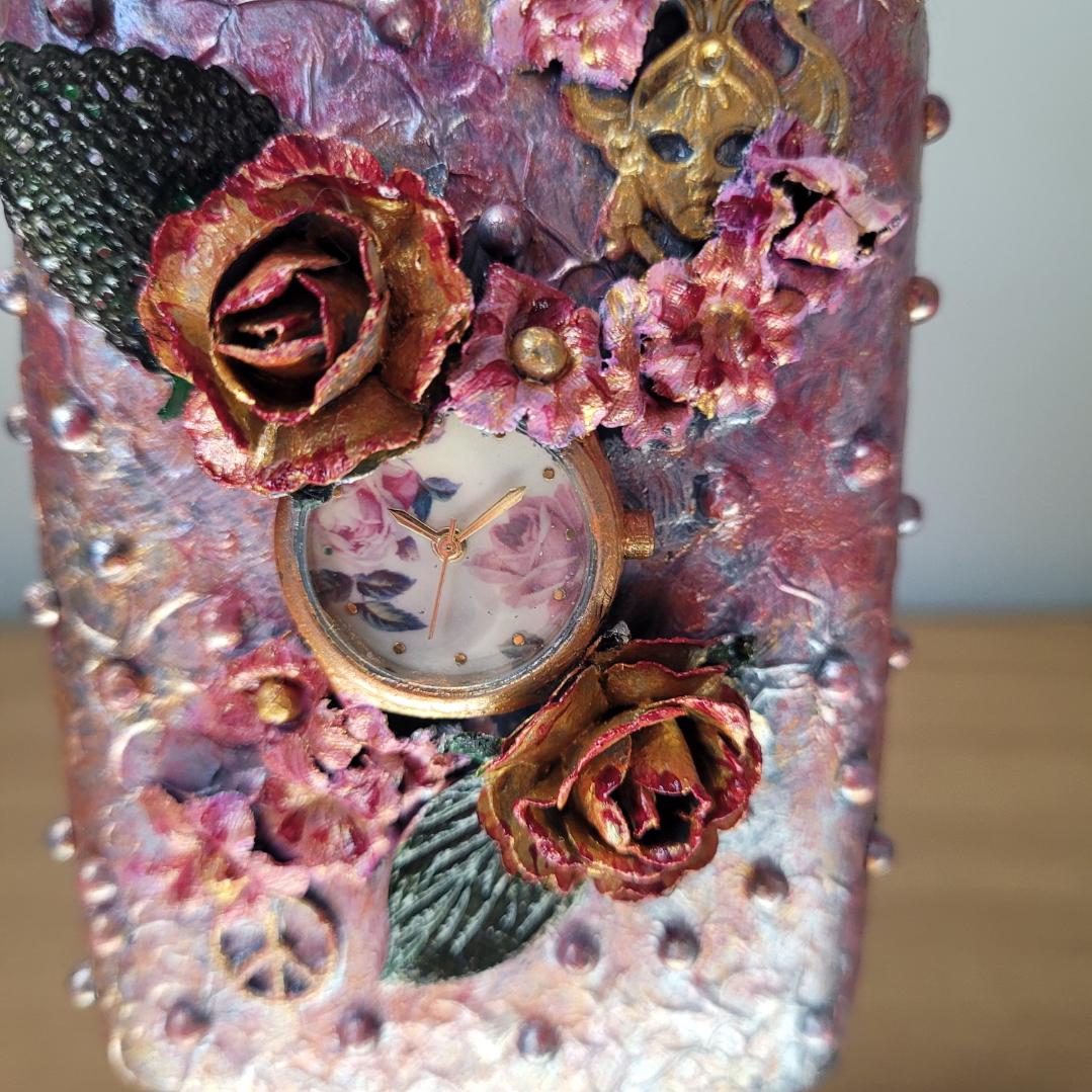 Small upcycled bottle decorated floral, upcycled watch, pink, gold, silver