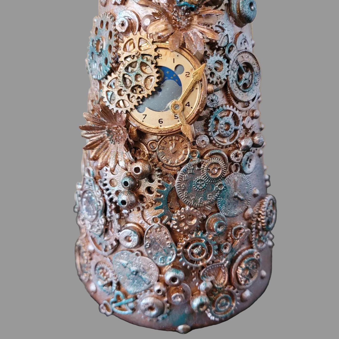 Steampunk inspired abstract upcycled bottle, bronze