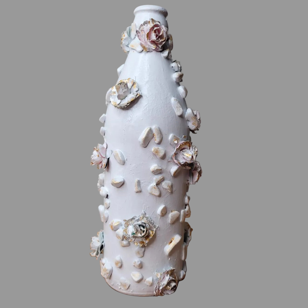 Hand decorated, upcycled, small bottle floral, white, gold