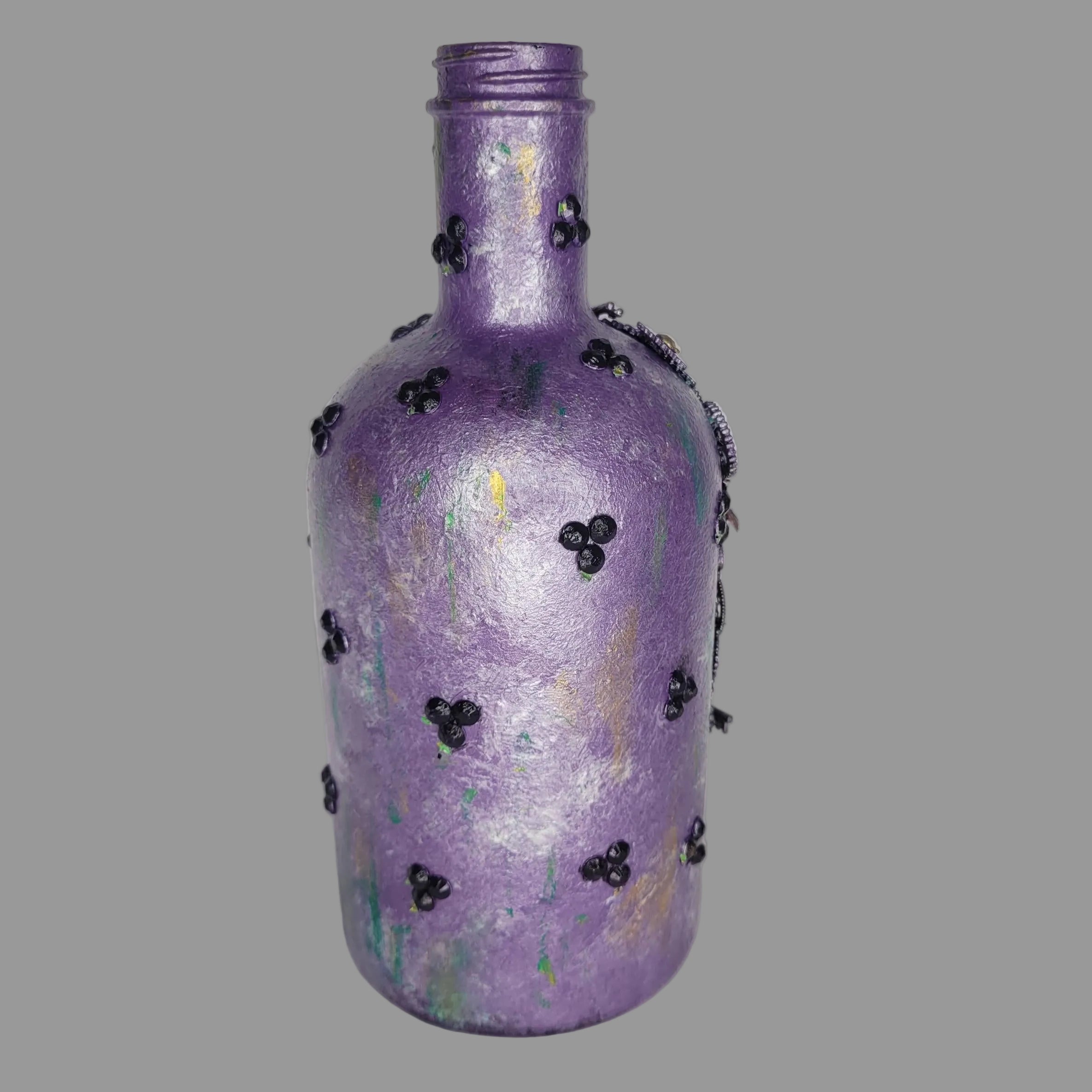 Floral, steampunk inspired abstract repurposed McHenry bottle purple green silver