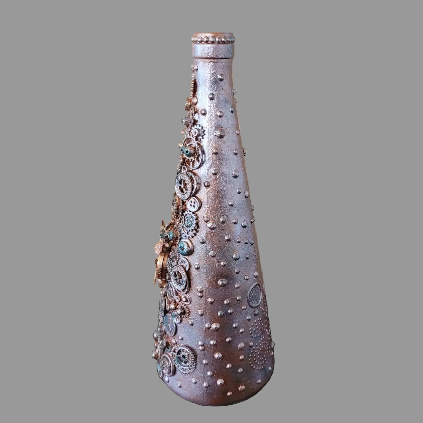 Steampunk inspired abstract upcycled bottle, bronze