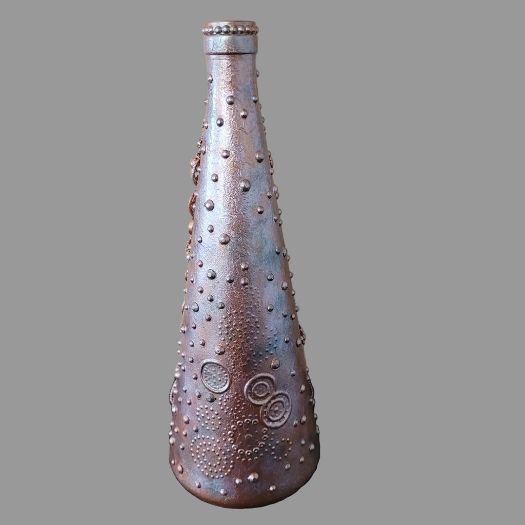 Steampunk inspired abstract upcycled bottle, bronze