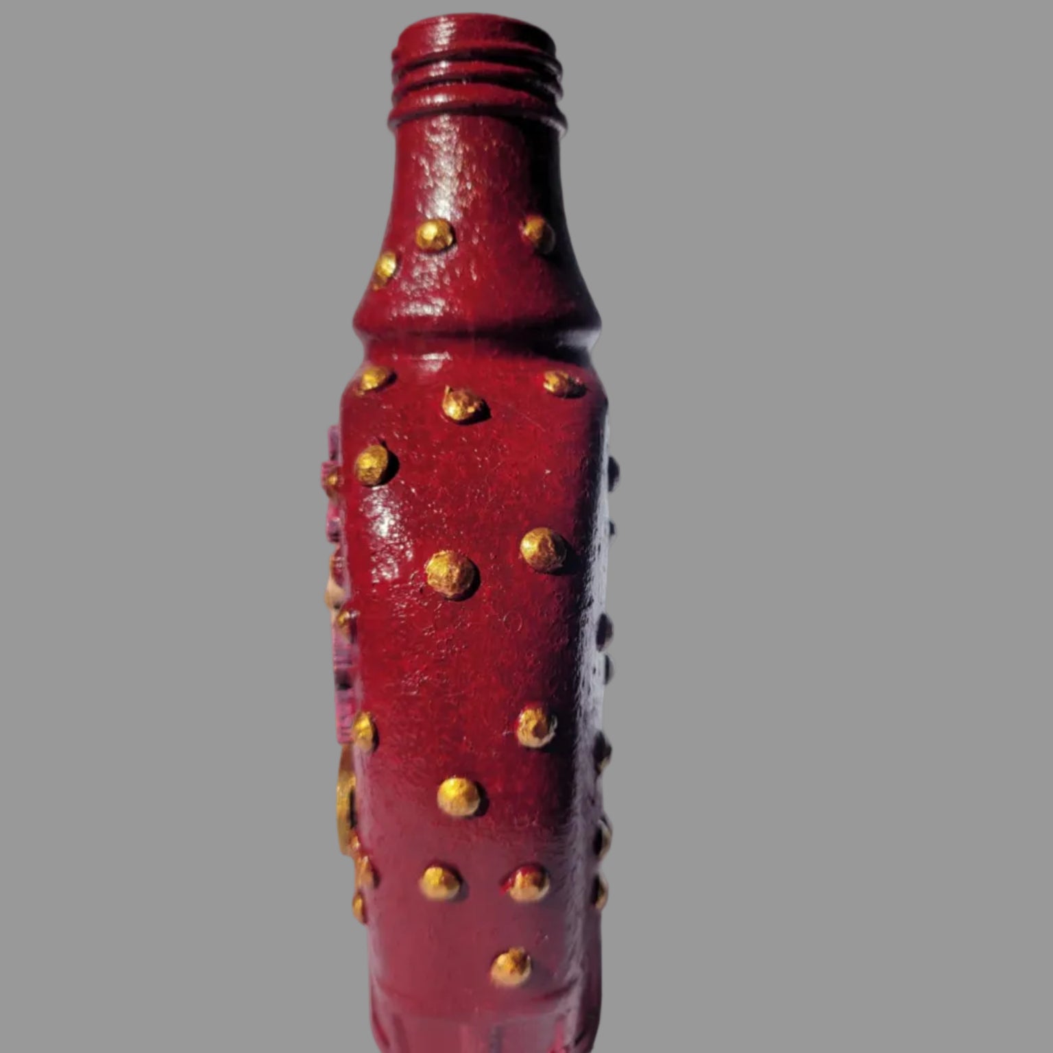 small upcycled bottle, bud vase, hand decorated red, hearts and flowers