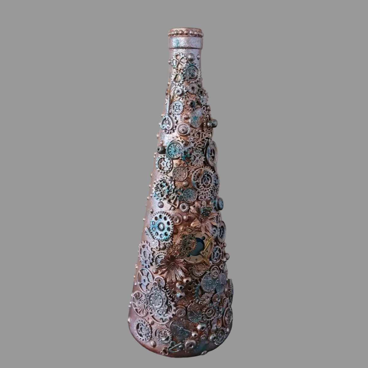 Steampunk inspired abstract upcycled bottle, bronze