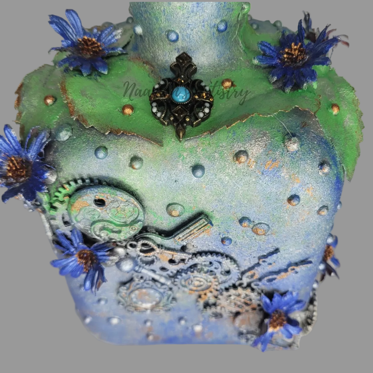 Upcycled  House of Campbell bottle decorated in Steampunk & Floral