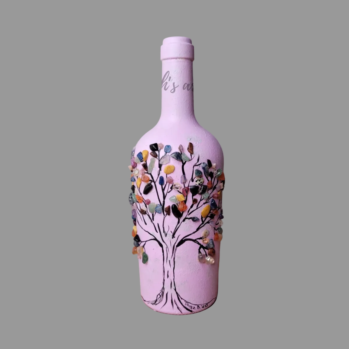 Crystal chakra tree on upcycled pink bottle