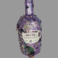 Floral, steampunk inspired abstract repurposed McHenry bottle purple green silver