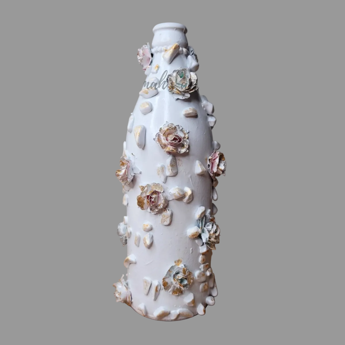 Hand decorated, upcycled, small bottle floral, white, gold