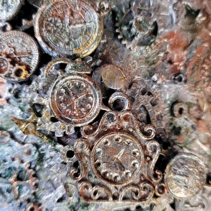 Small upcycled bottle, with handle decorated in steampunk