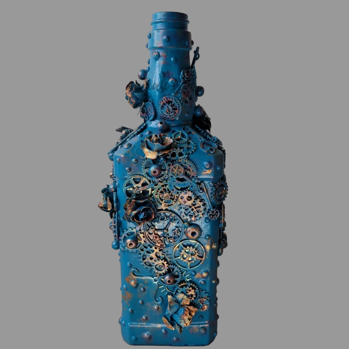 Hand decorated steampunk upcycled bottle dark teal