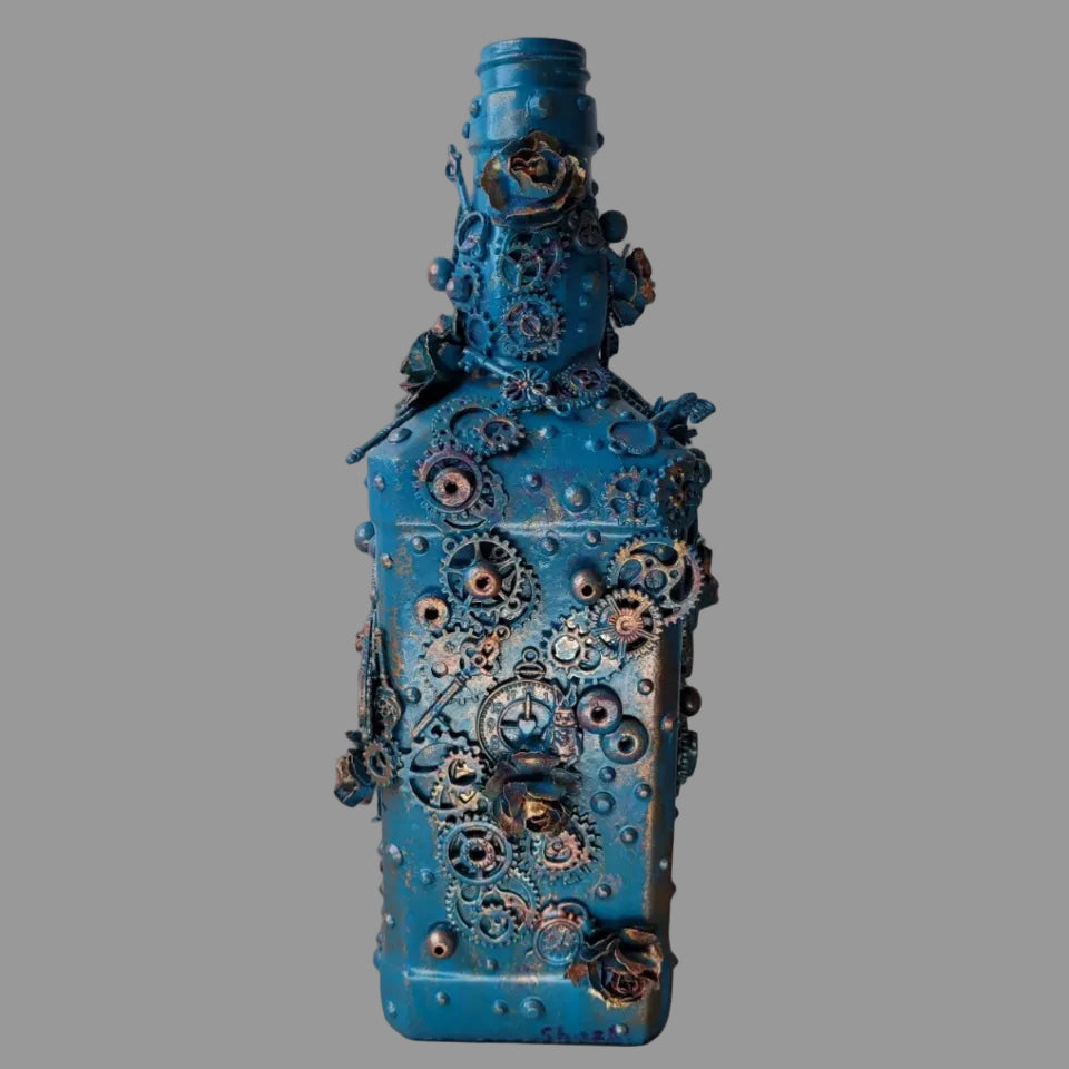 Hand decorated steampunk upcycled bottle dark teal