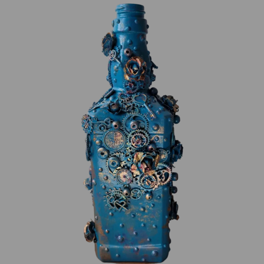 Hand decorated steampunk upcycled bottle dark teal