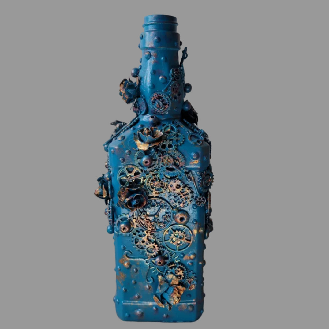 Hand decorated steampunk upcycled bottle dark teal