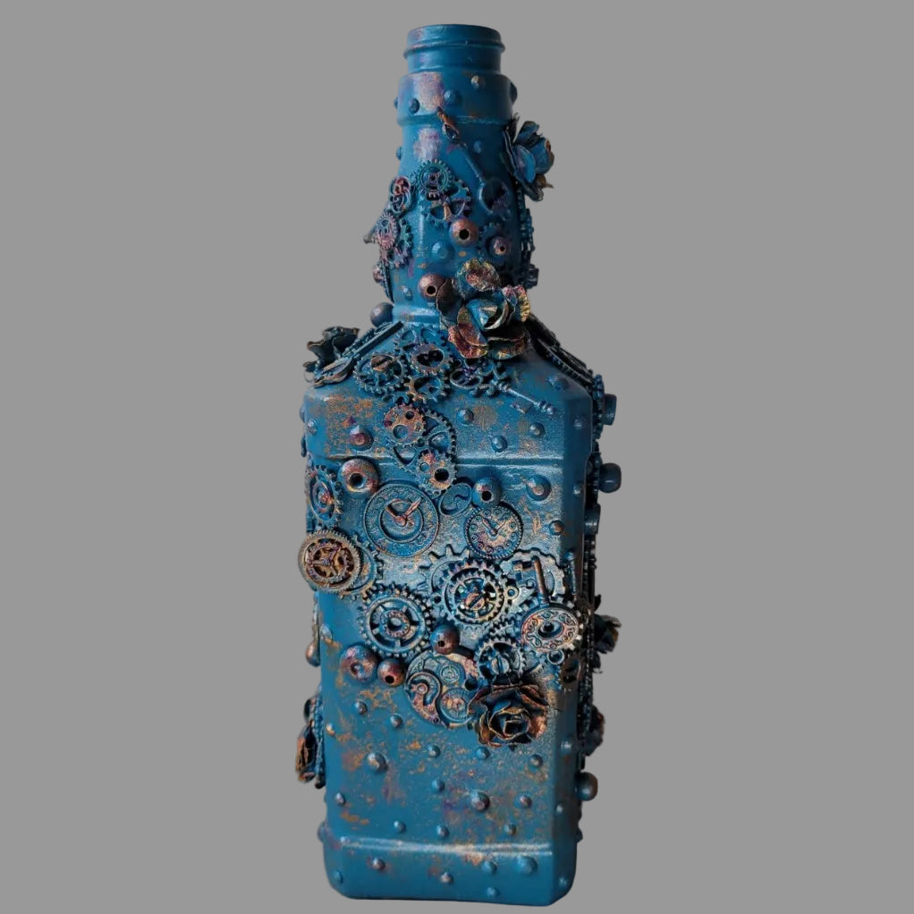 Hand decorated steampunk upcycled bottle dark teal