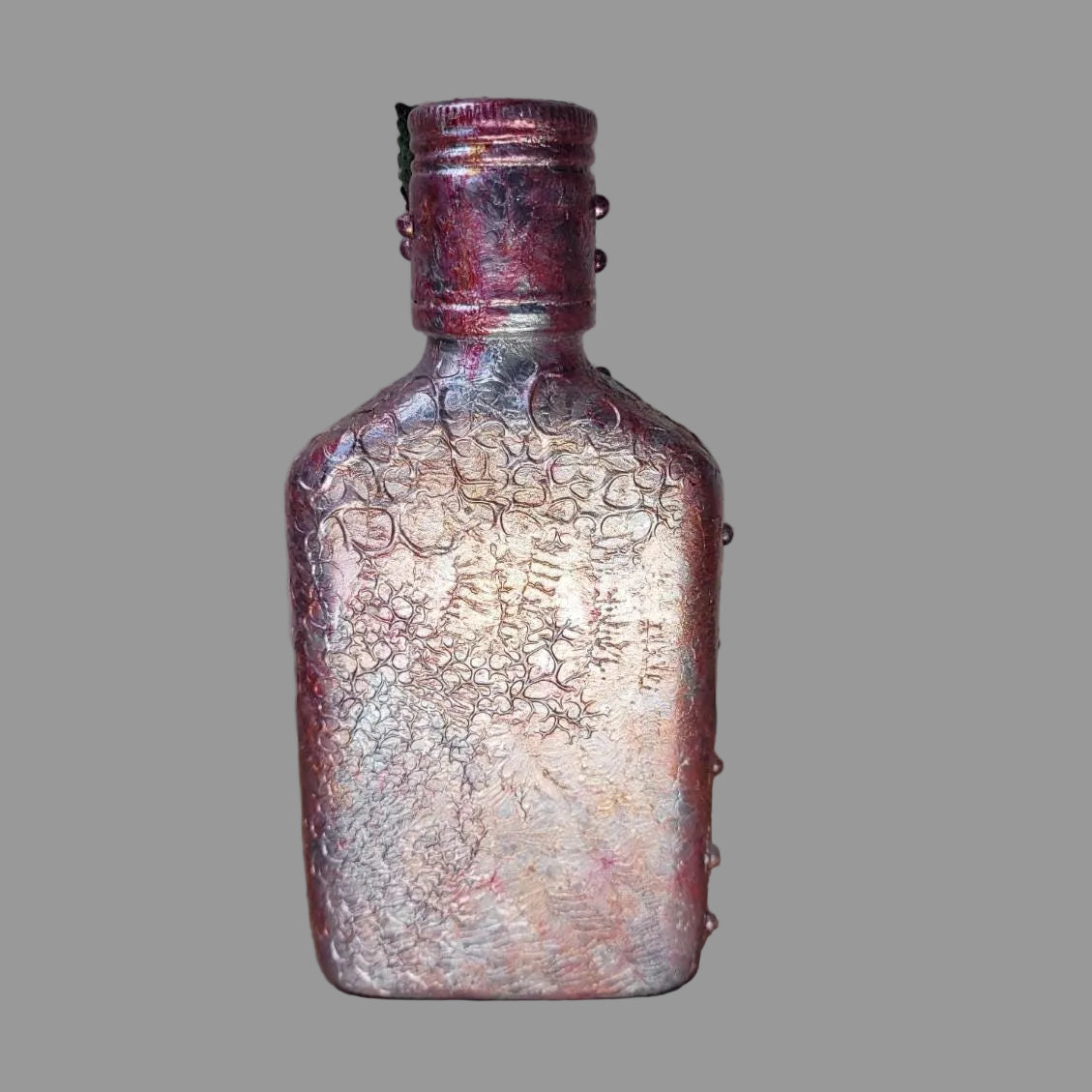 Small upcycled bottle decorated floral, upcycled watch, pink, gold, silver