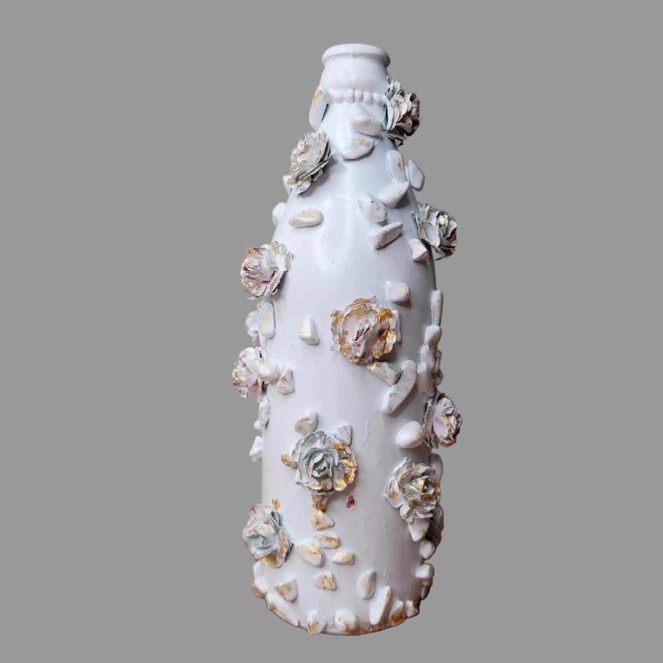 Hand decorated, upcycled, small bottle floral, white, gold