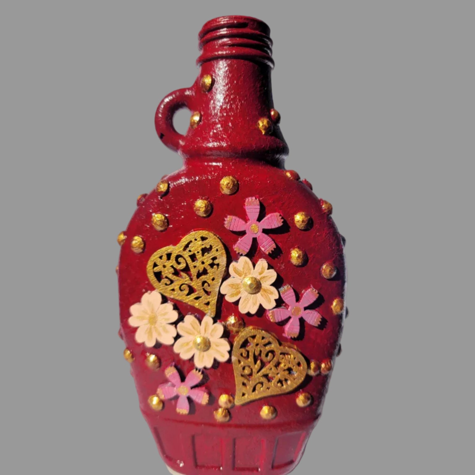 small upcycled bottle, bud vase, hand decorated red, hearts and flowers