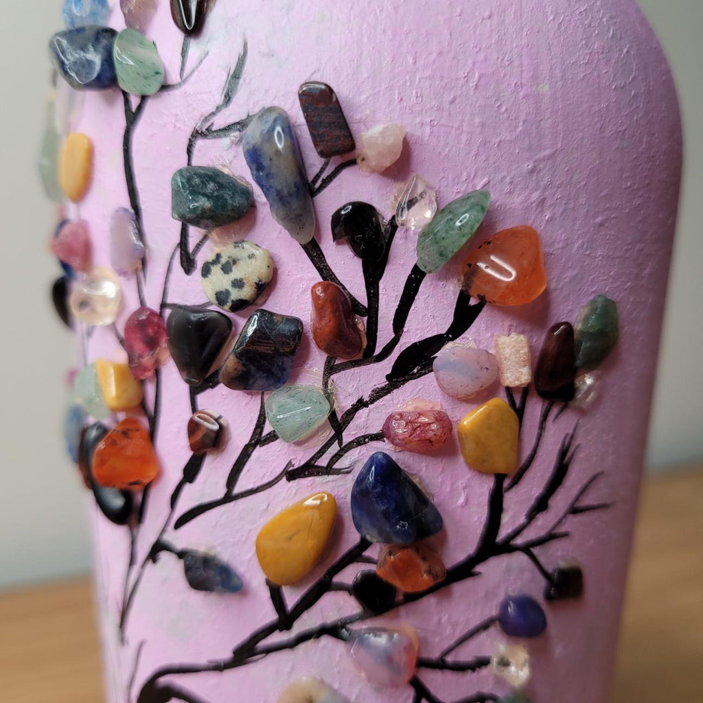 Crystal chakra tree on upcycled pink bottle