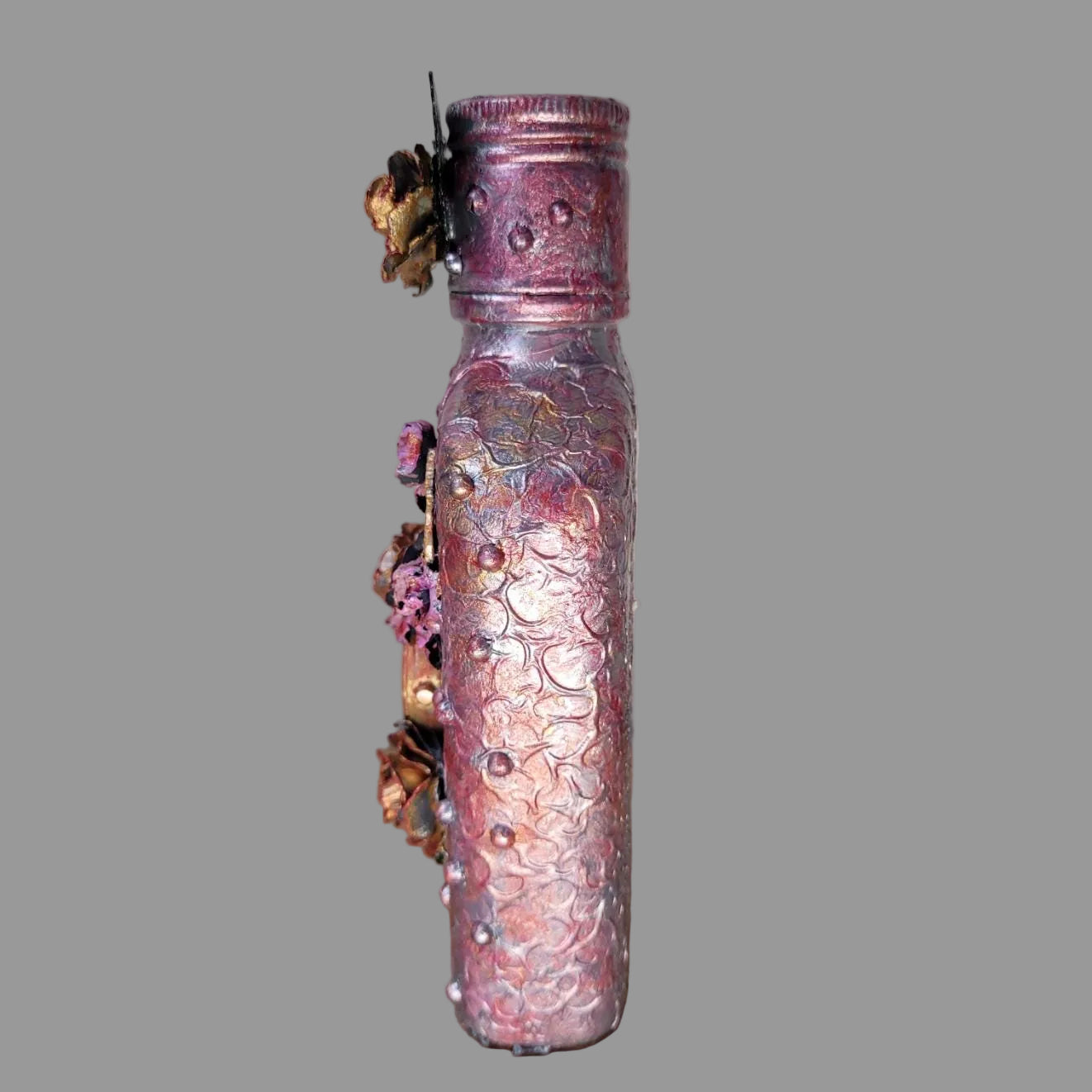 Small upcycled bottle decorated floral, upcycled watch, pink, gold, silver
