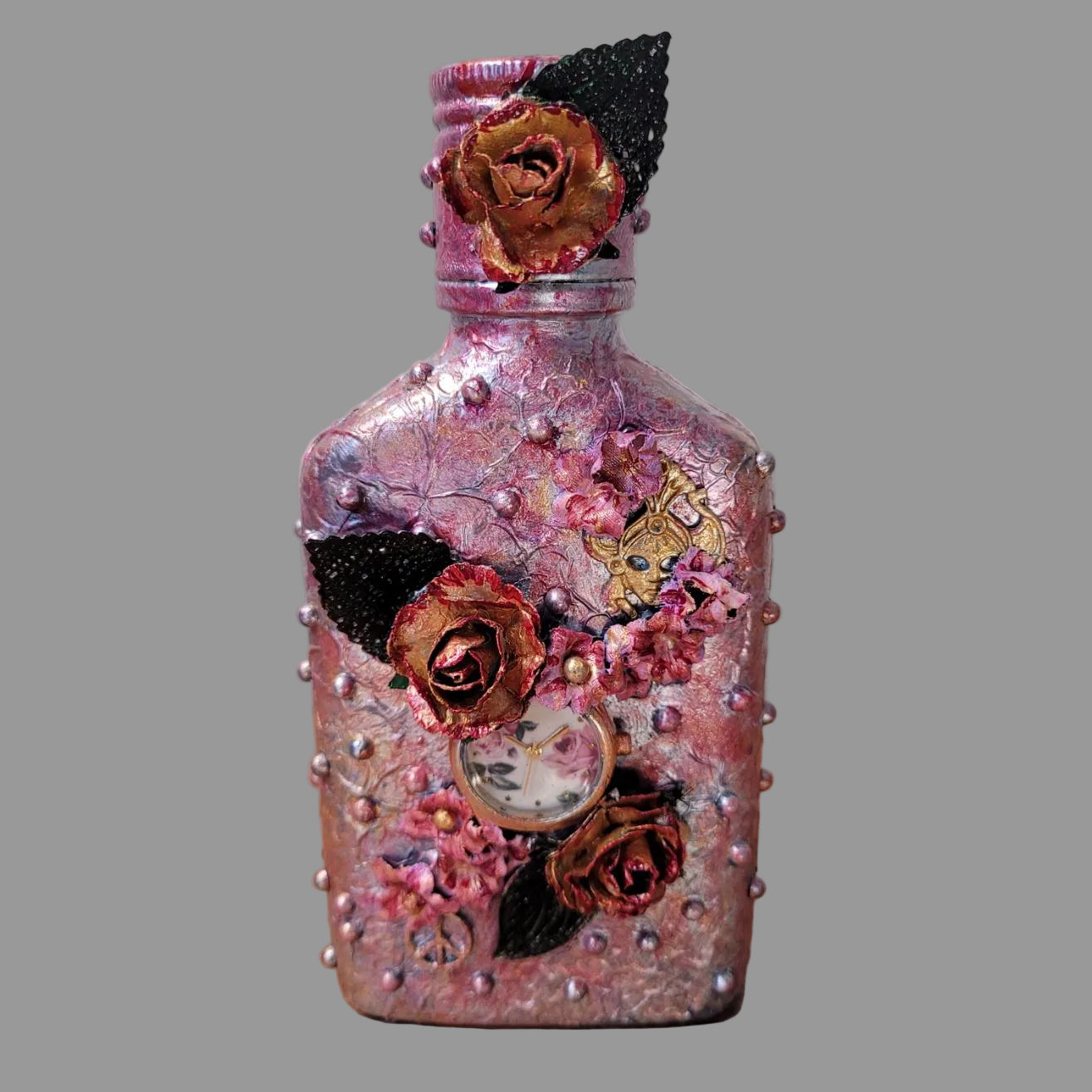 Small upcycled bottle decorated floral, upcycled watch, pink, gold, silver