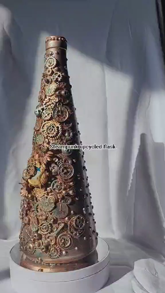 Steampunk inspired abstract upcycled bottle, bronze