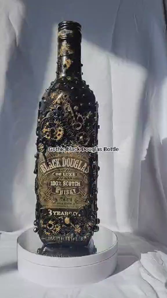 Steampunk goth abstract upcycled Black Douglas bottle black gold
